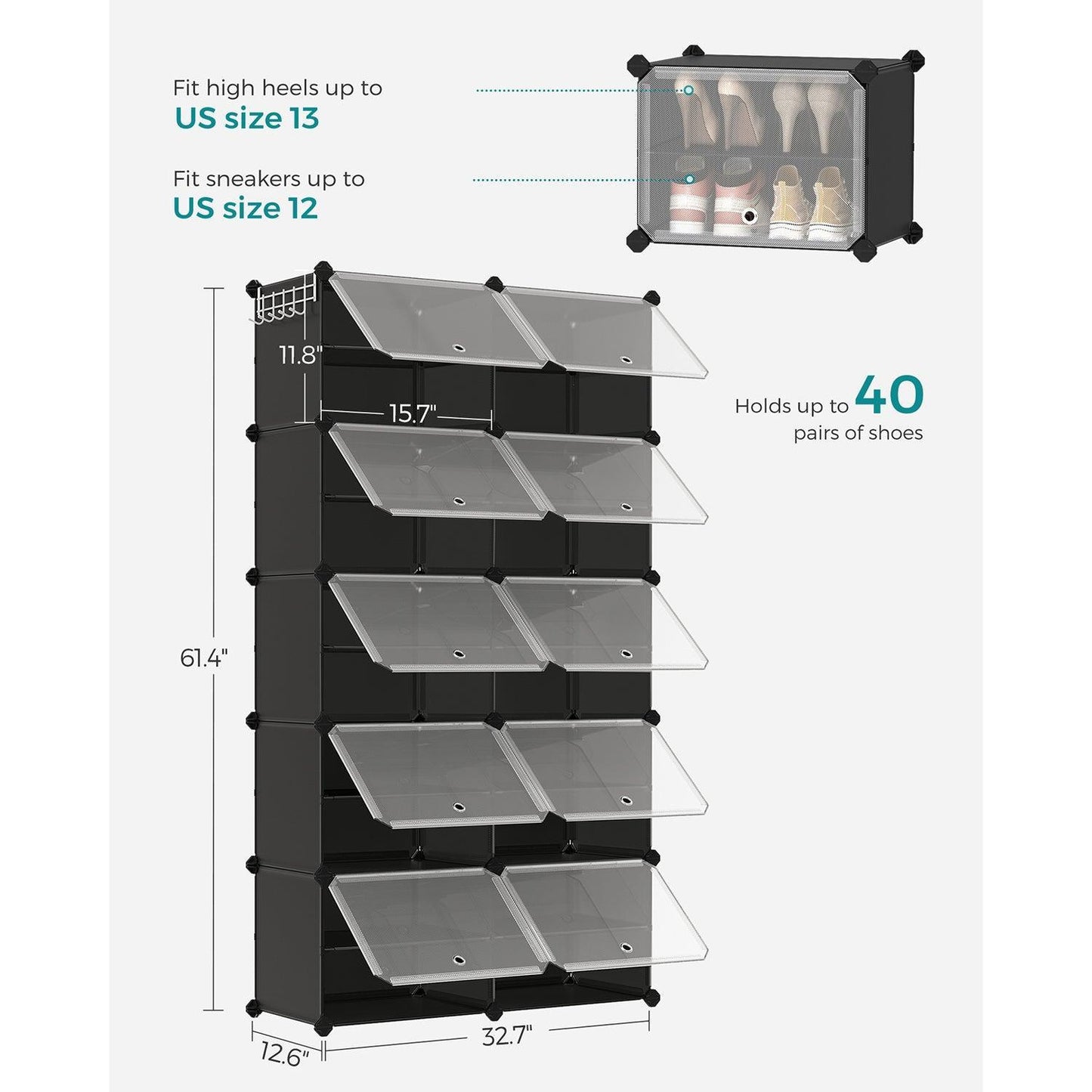10 Cubes Shoe Organizer with Doors Black FredCo