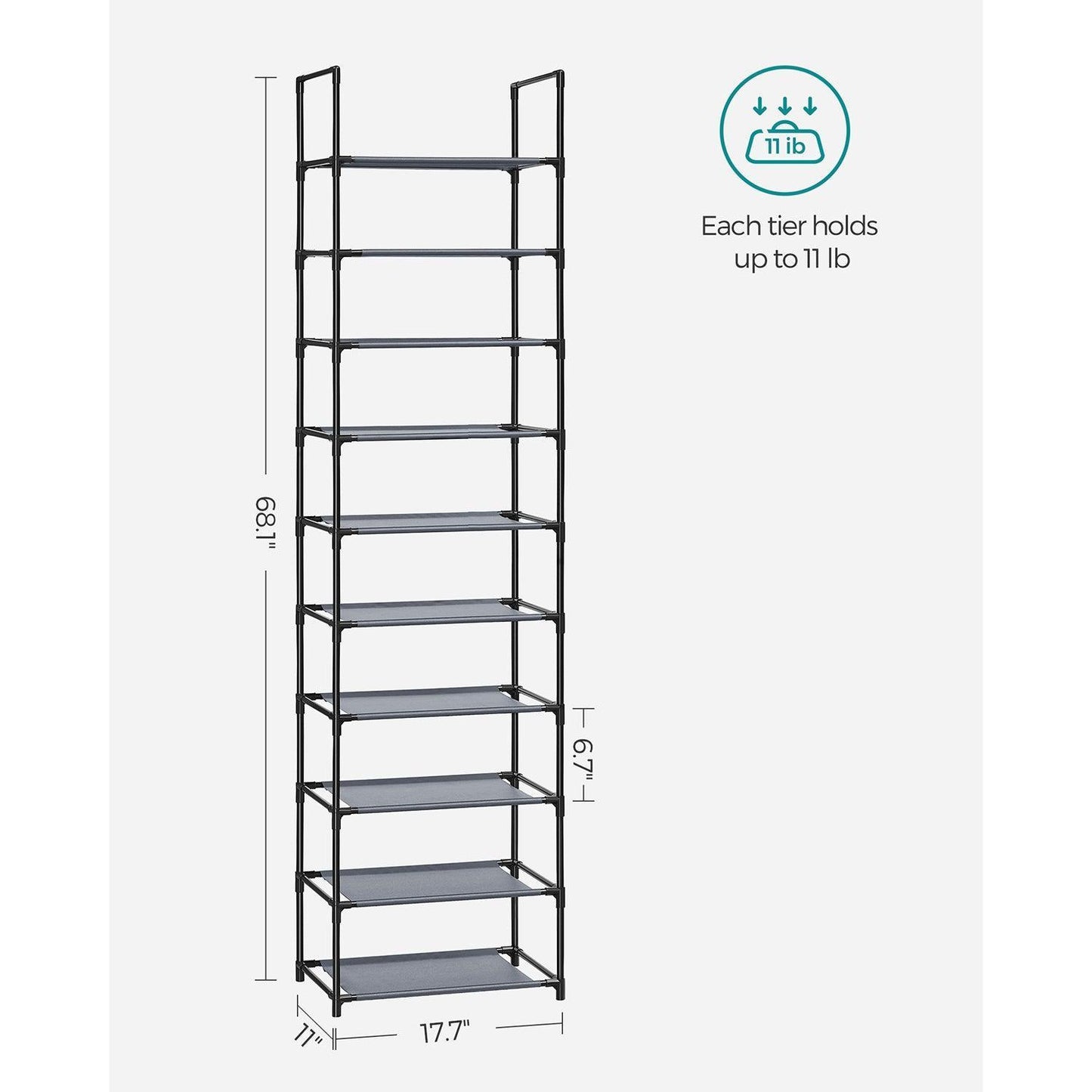 10-Tier Shoe Rack 11 x 17.7 x 68.1 Inches FredCo
