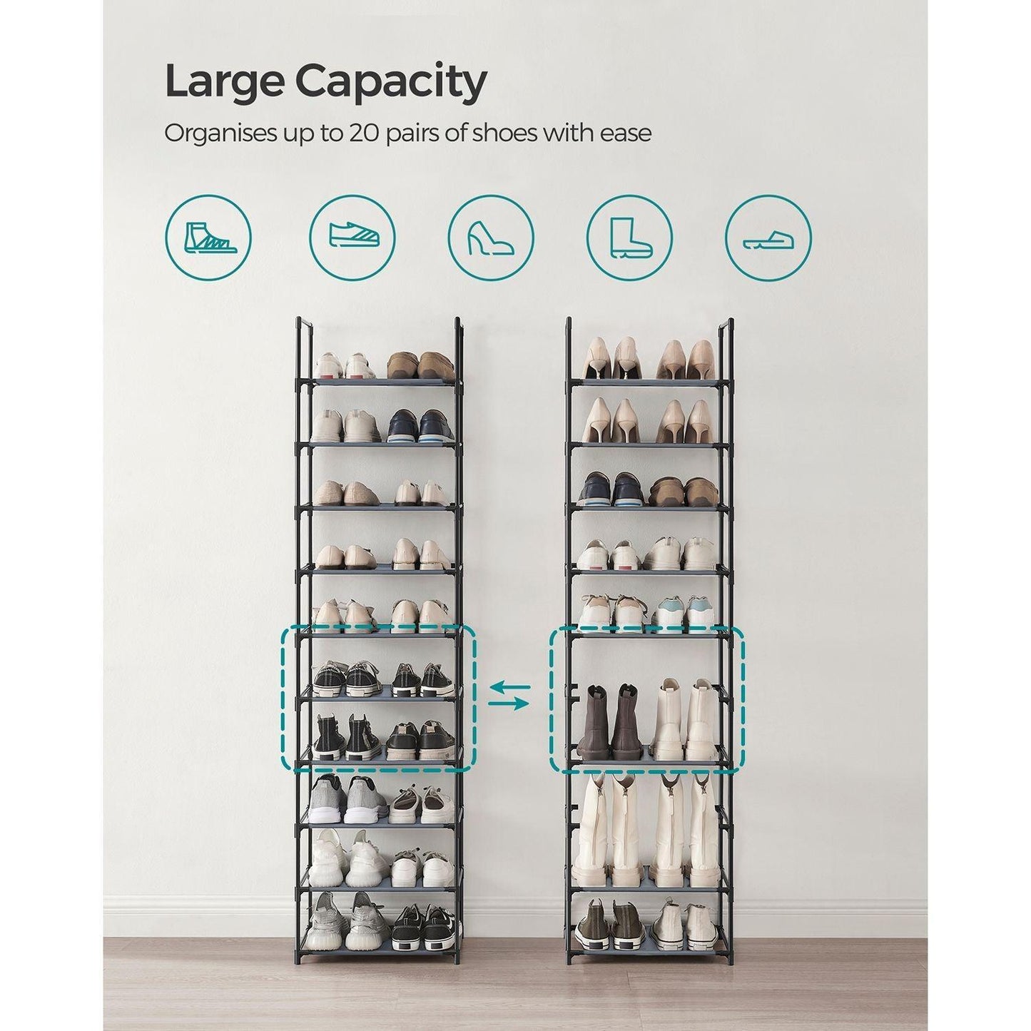 10-Tier Shoe Rack 11 x 17.7 x 68.1 Inches FredCo