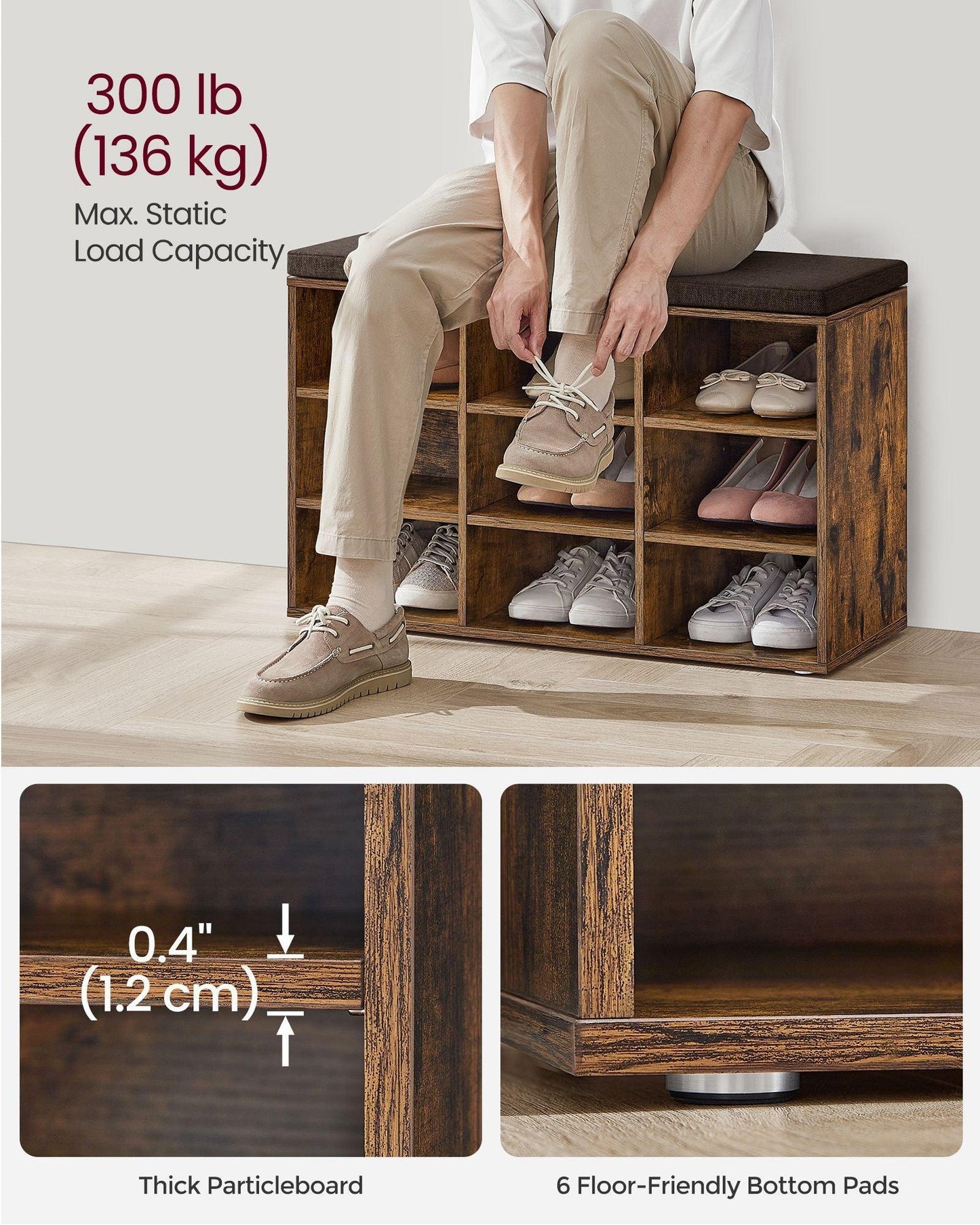 11.9"D x 30.9"W x 18.9"H Shoe Bench with Cushion FredCo
