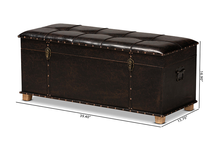 Baxton Studio Janna Rustic Transitional Dark Brown Faux Leather Upholstered and Oak Brown Finished Wood Storage Ottoman
