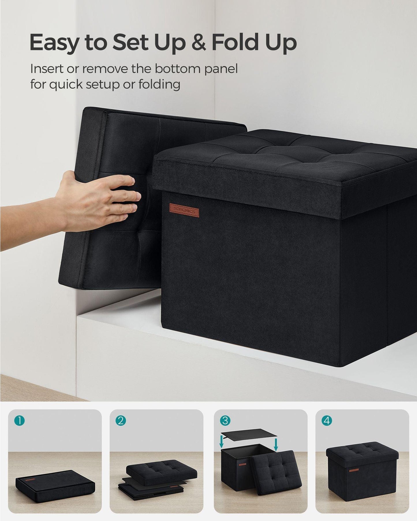 12.2" x 16.1" x 12.2" Foldable Storage Ottoman Bench Ink Black FredCo