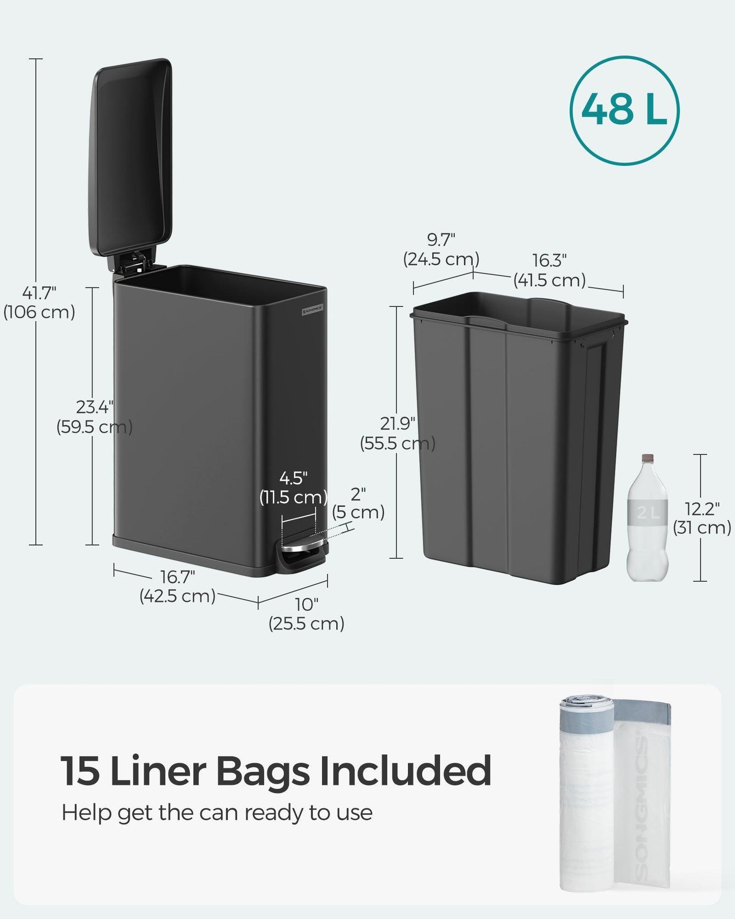 12.7 Gallon Garbage Can for Narrow Spaces with Soft-Close Lid FredCo