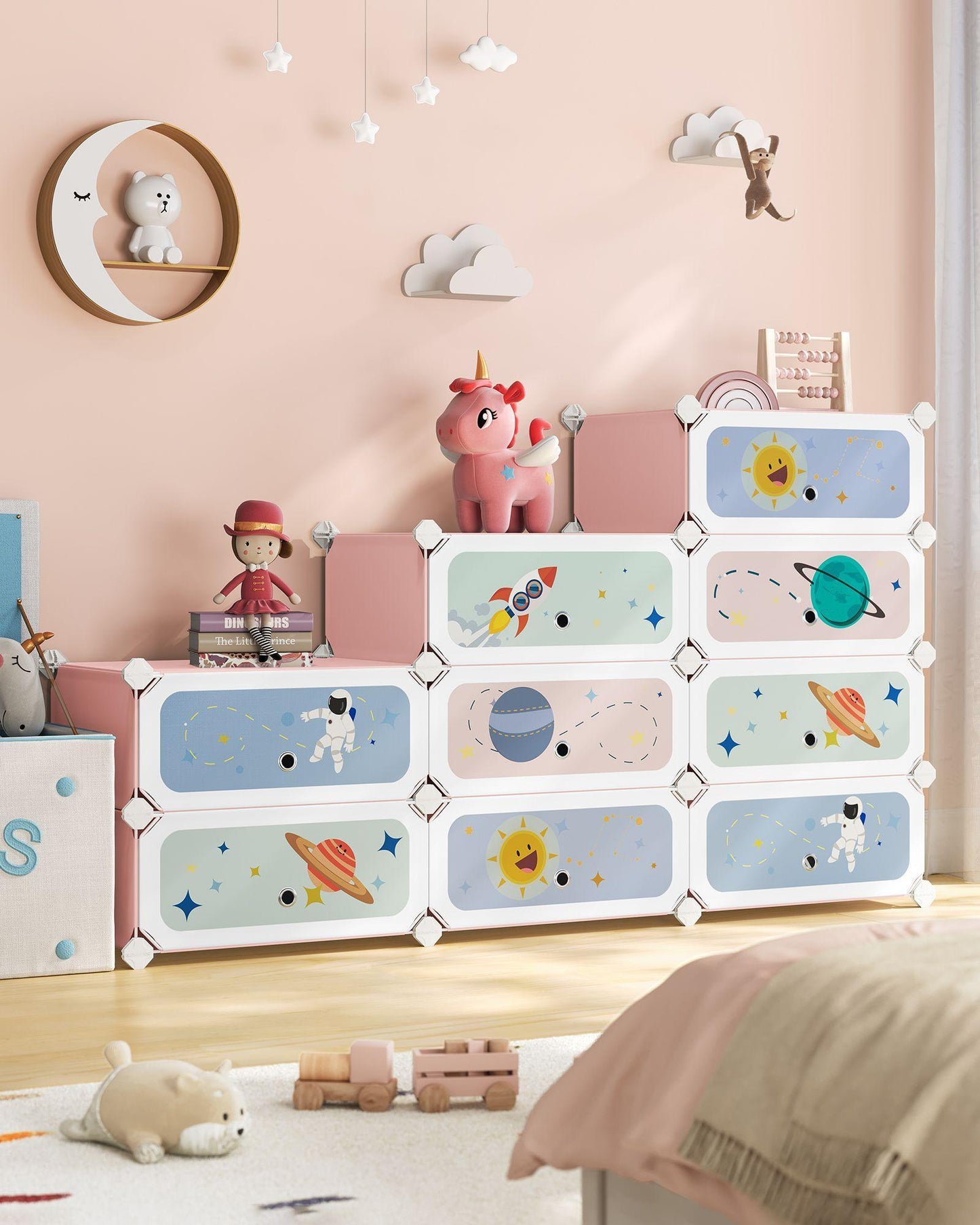 12-Slot Stackable Kids' Shoe Rack with Doors Jelly Pink FredCo