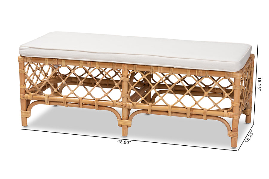bali & pari Orchard Modern Bohemian White Fabric Upholstered and Natural Brown Rattan Bench