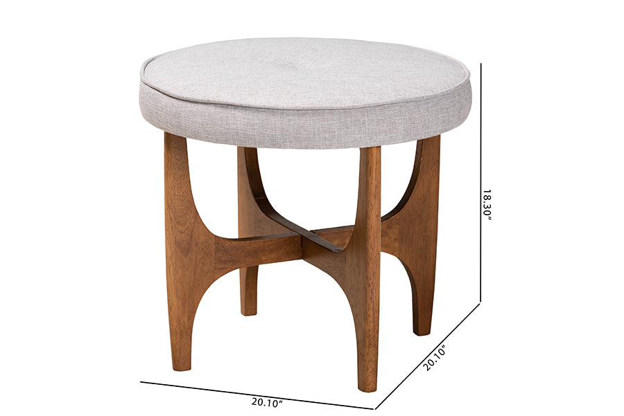 Baxton Studio Theo Japandi Greyish Beige Fabric and Walnut Brown Finished Wood Ottoman Footstool