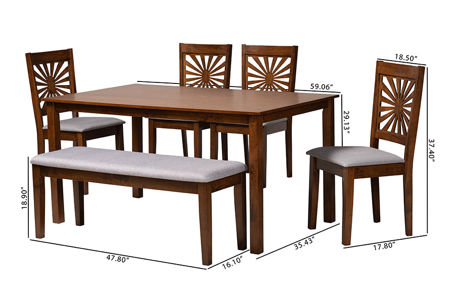 Baxton Studio Olympia Modern Grey Fabric and Walnut Brown Finished Wood 6-Piece Dining Set