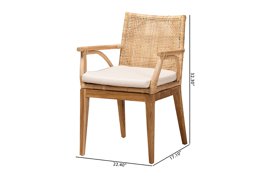 bali & pari Storsel Modern Bohemian Natural Brown Finished Teak Wood and Rattan Dining Chair
