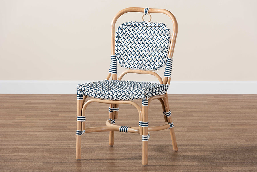 bali & pari Luciana Modern French Blue and White Weaving Natural Rattan Bistro Chair