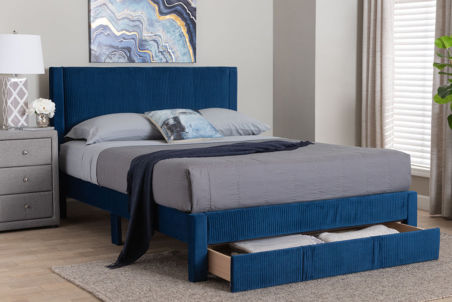Baxton Studio Elora Modern Navy Blue Pleated Velvet Queen Size Storage Bed