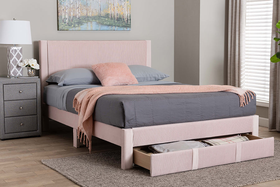 Baxton Studio Elora Modern Light Pink Pleated Velvet Queen Size Storage Bed