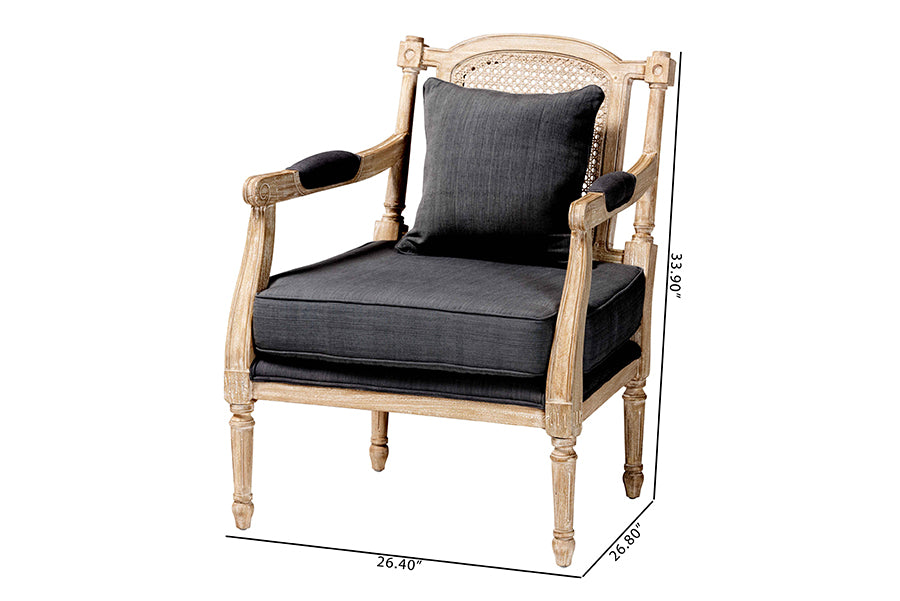 Baxton Studio Clemence French Provincial Grey Fabric Whitewashed Mahogany Wood Armchair