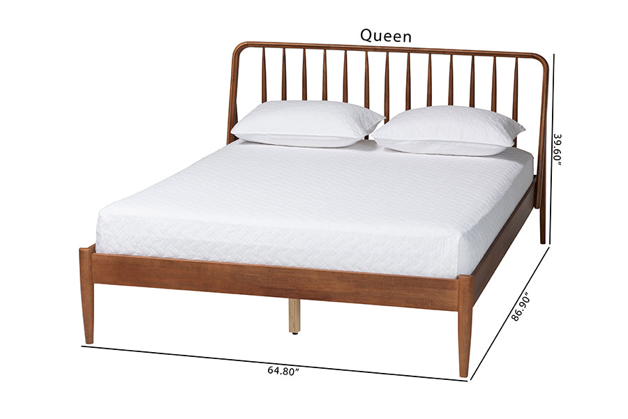 Baxton Studio Maeron Mid-Century Modern Walnut Brown Queen Platform Bed with Spindle Headboard