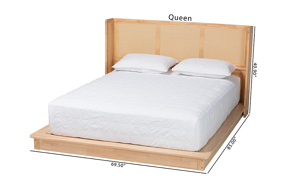 Baxton Studio Glennis Japandi Natural Brown Wood Queen Size Platform Bed with Woven Rattan