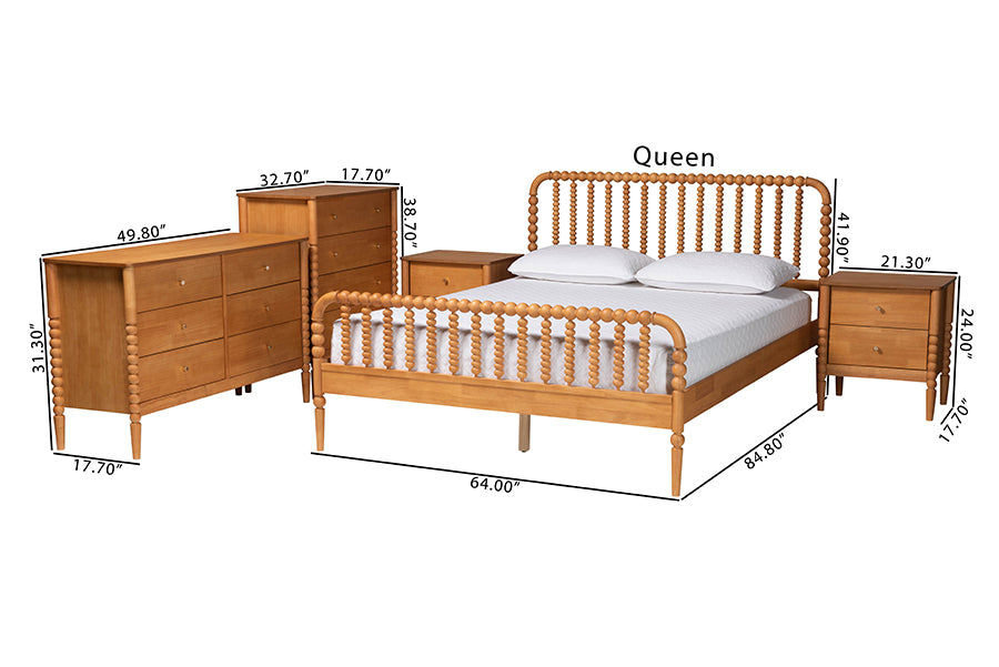 Baxton Studio Lucera Mid-Century Oak Brown Queen Size 5-Piece Bobbin Bedroom Set