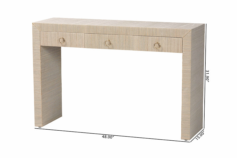 bali & pari Cielo Bohemian Woven Natural Grasscloth 3-Drawer Console Table