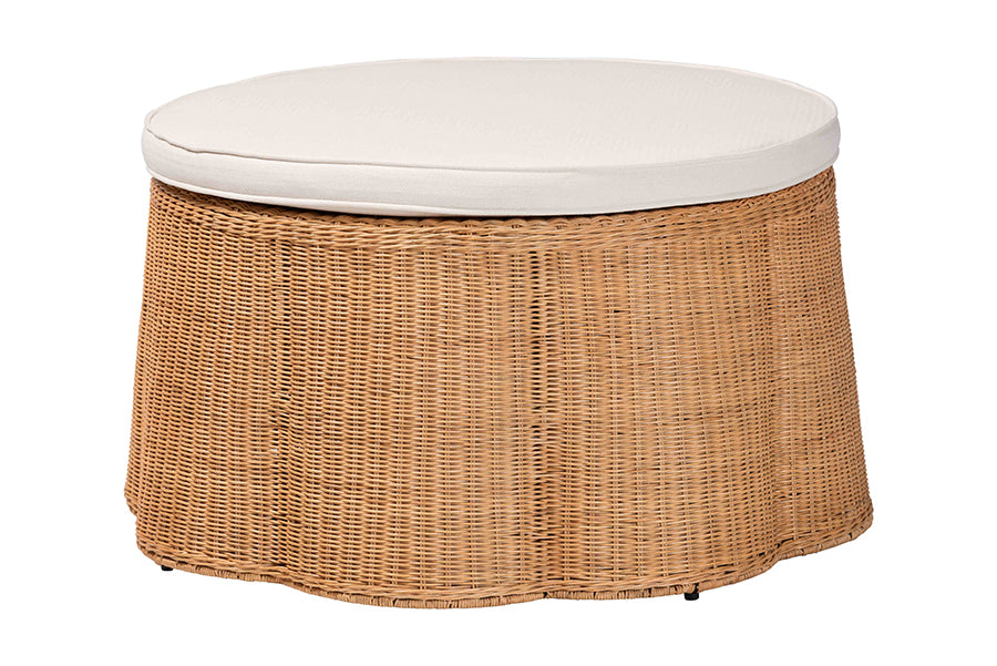 bali & pari Palm Scallop Natural Rattan Ottoman with Cushion - Handwoven Wicker Accent Stool or Footrest for Living Room, Bedroom, or Sunroom, Coastal Boho Style, 32" Round