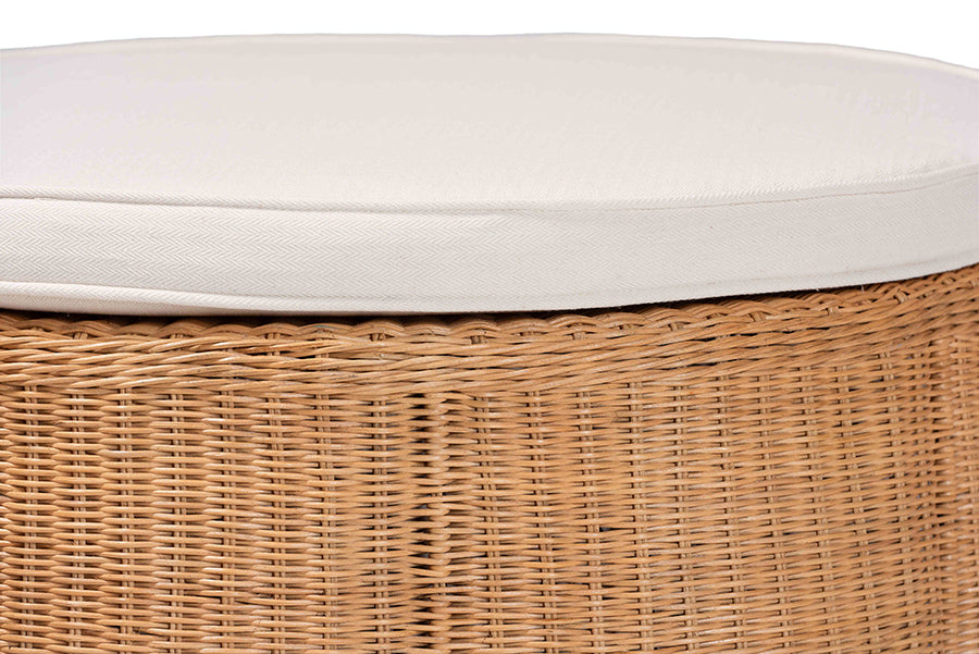 bali & pari Palm Scallop Natural Rattan Ottoman with Cushion - Handwoven Wicker Accent Stool or Footrest for Living Room, Bedroom, or Sunroom, Coastal Boho Style, 32" Round