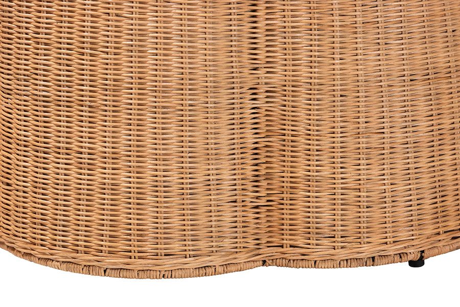 bali & pari Palm Scallop Natural Rattan Ottoman with Cushion - Handwoven Wicker Accent Stool or Footrest for Living Room, Bedroom, or Sunroom, Coastal Boho Style, 32" Round