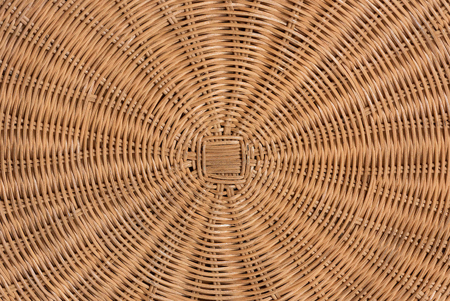 bali & pari Palm Scallop Natural Rattan Ottoman with Cushion - Handwoven Wicker Accent Stool or Footrest for Living Room, Bedroom, or Sunroom, Coastal Boho Style, 32" Round