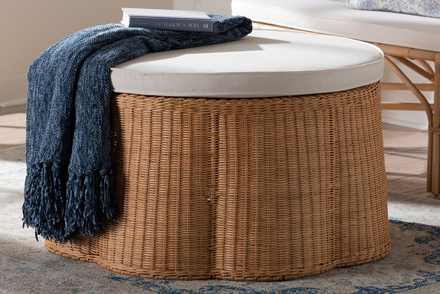 bali & pari Palm Scallop Natural Rattan Ottoman with Cushion - Handwoven Wicker Accent Stool or Footrest for Living Room, Bedroom, or Sunroom, Coastal Boho Style, 32" Round
