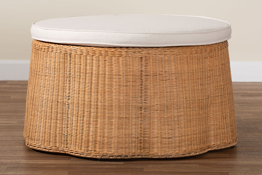 bali & pari Palm Scallop Natural Rattan Ottoman with Cushion - Handwoven Wicker Accent Stool or Footrest for Living Room, Bedroom, or Sunroom, Coastal Boho Style, 32" Round