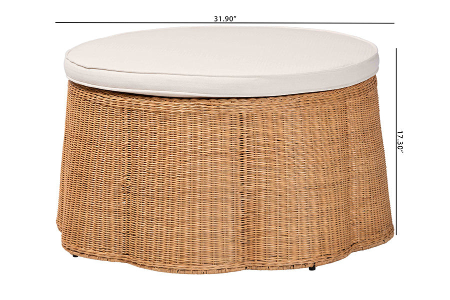 bali & pari Palm Scallop Natural Rattan Ottoman with Cushion - Handwoven Wicker Accent Stool or Footrest for Living Room, Bedroom, or Sunroom, Coastal Boho Style, 32" Round