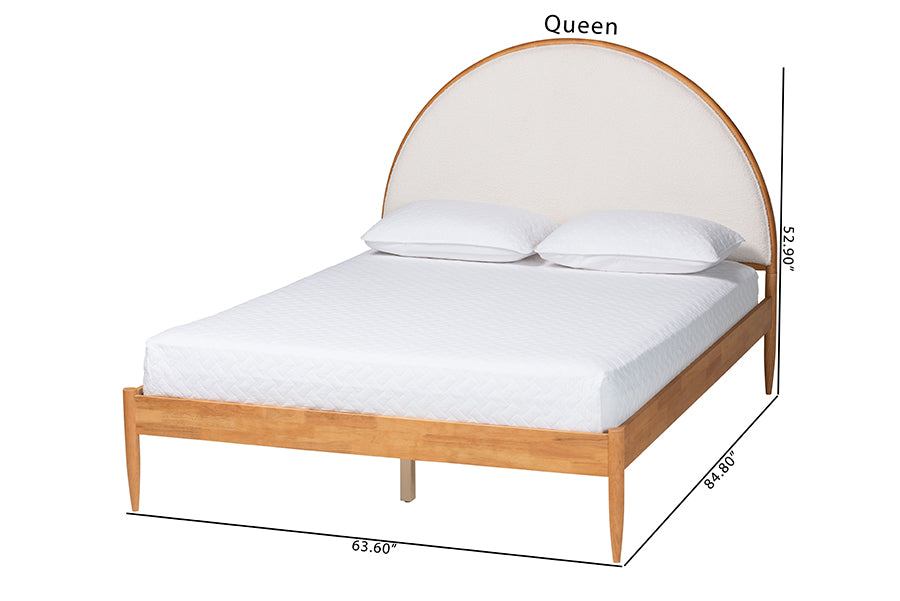 Baxton Studio Dawson Japandi Cream Teddy Fabric and Oak Brown Wood Queen Bed
