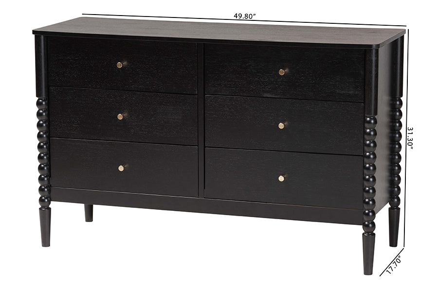 Baxton Studio Lucera Mid-Century Black Bobbin Wood 6-Drawer Dresser