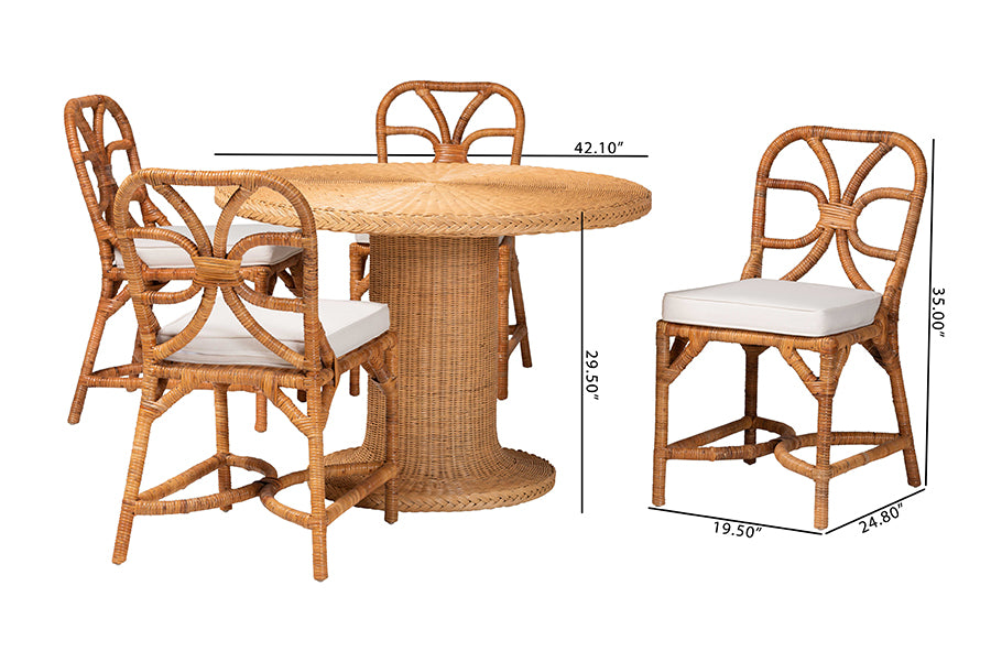 Bali & Pari Wilmer 5-Piece Rattan Dining Set – Round Wicker Table with Pedestal Base & 4 Side Chairs, Light Honey Coastal Style FredCo