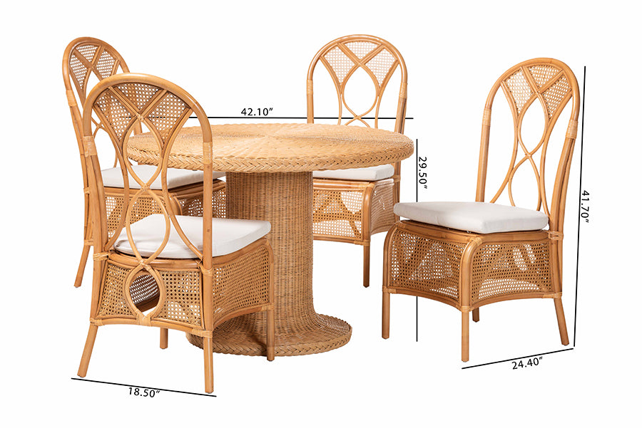 bali & pari Wallis 5-Piece Natural Rattan Dining Set with Round Pedestal Table and 4 Chairs, Handwoven Wicker Dining Furniture with Cushioned Seats, Boho Coastal Kitchen or Dining Room Set