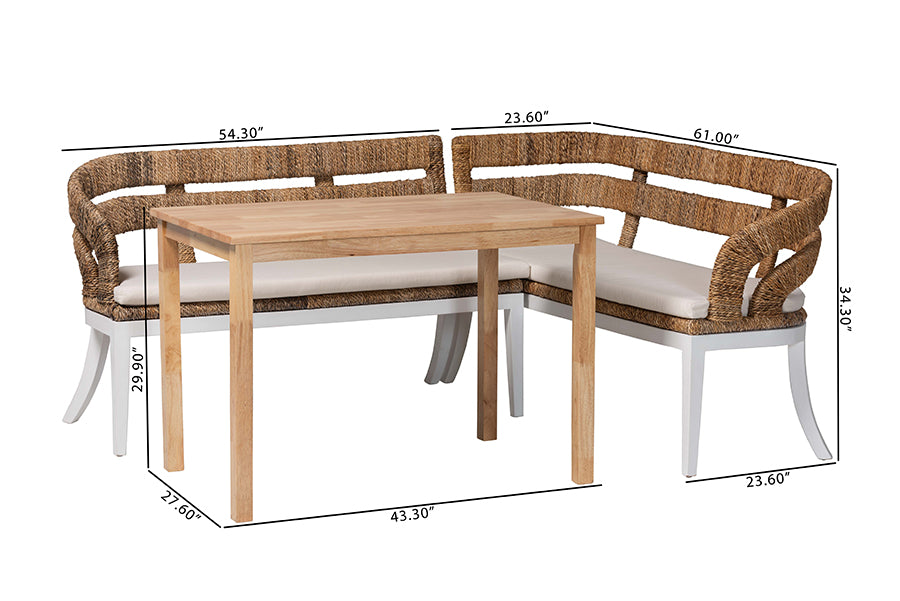 bali & pari Ubud Seagrass Dining Nook Set with Wood Dining Table and Cushioned L-Shaped Bench - Coastal Farmhouse Breakfast Corner Furniture Set for Kitchen or Dining Room, 3-Piece