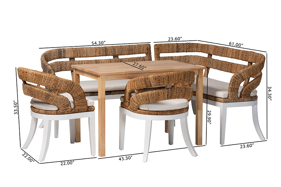bali & pari Ubud Seagrass Dining Nook Set with Wood Table, Cushioned L-Shaped Bench and Chairs - Coastal Farmhouse Breakfast Corner Furniture Set for Kitchen or Dining Room, 5-Piece