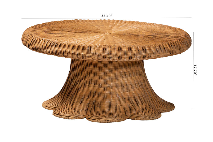 bali & pari Avalon Natural Rattan Round Coffee Table with Scalloped Pedestal Base β Coastal Boho Wicker Accent Table for Living Room or Sunroom
