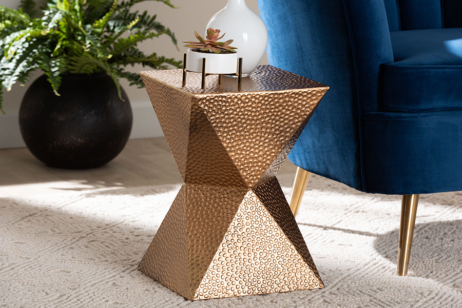 Baxton Studio Pacey Textured Metal Accent Table - Geometric Gold Side Table with Hourglass Silhouette for Indoor or Semi-Outdoor Use
