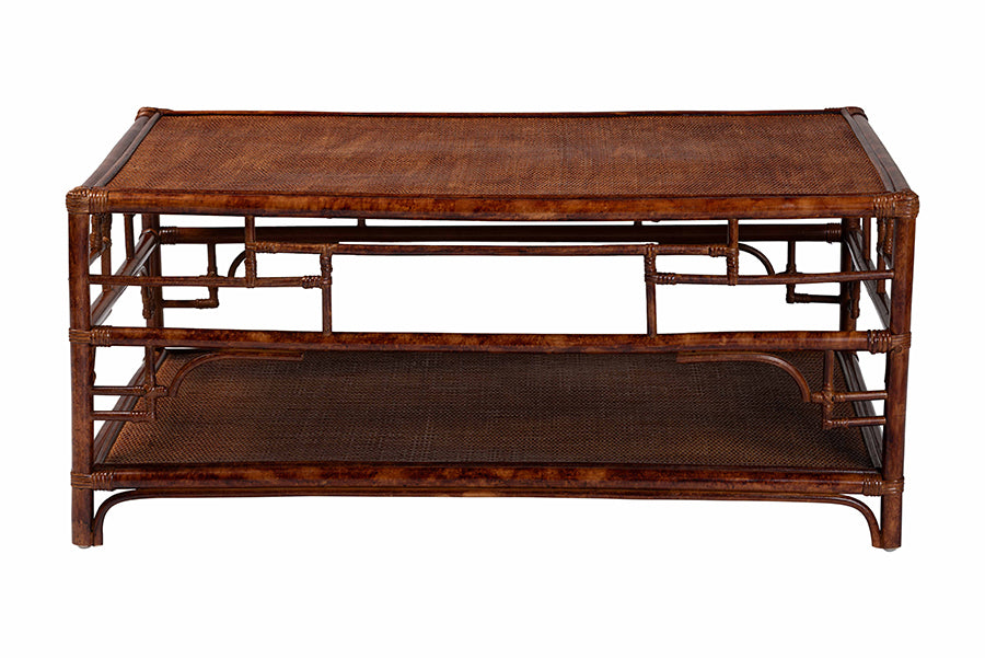 bali & pari Sebalio Tortoise Natural Rattan Coffee Table with Open Shelf - Vintage Style Center Table for Living Room, Sunroom, or Coastal Living Space