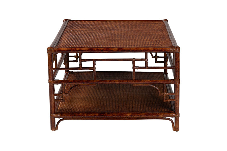 bali & pari Sebalio Tortoise Natural Rattan Coffee Table with Open Shelf - Vintage Style Center Table for Living Room, Sunroom, or Coastal Living Space