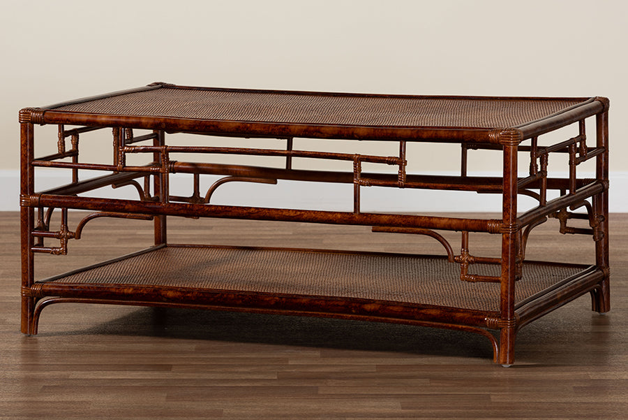 bali & pari Sebalio Tortoise Natural Rattan Coffee Table with Open Shelf - Vintage Style Center Table for Living Room, Sunroom, or Coastal Living Space