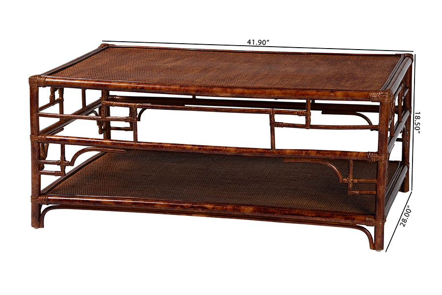 bali & pari Sebalio Tortoise Natural Rattan Coffee Table with Open Shelf - Vintage Style Center Table for Living Room, Sunroom, or Coastal Living Space