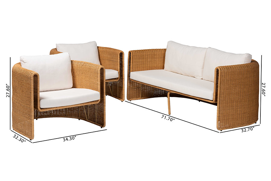 bali & pari Carina Natural Rattan 3-Piece Living Room Set - Lounge Sofa and Armchairs with Handwoven U-Shaped Design for Boho, Coastal, or Tropical Interiors