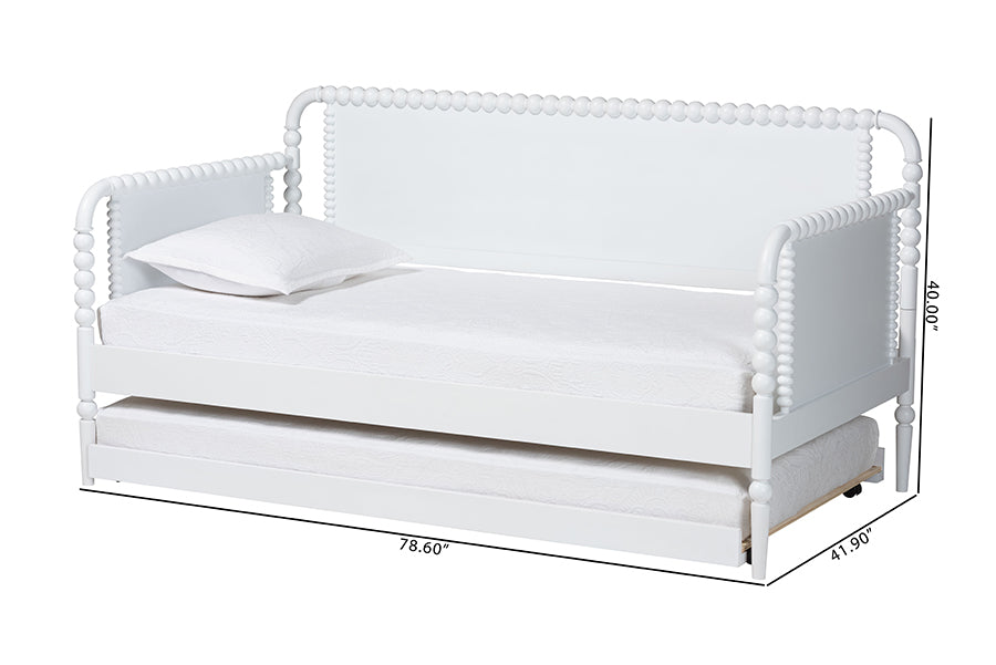 Baxton Studio Lucera Bobbin Daybed with Rolling Trundle - Wooden Bed Frame with Turned Spindle Detailing, Classic Style Sofa Bed for Bedroom or Guest Room, Twin, White