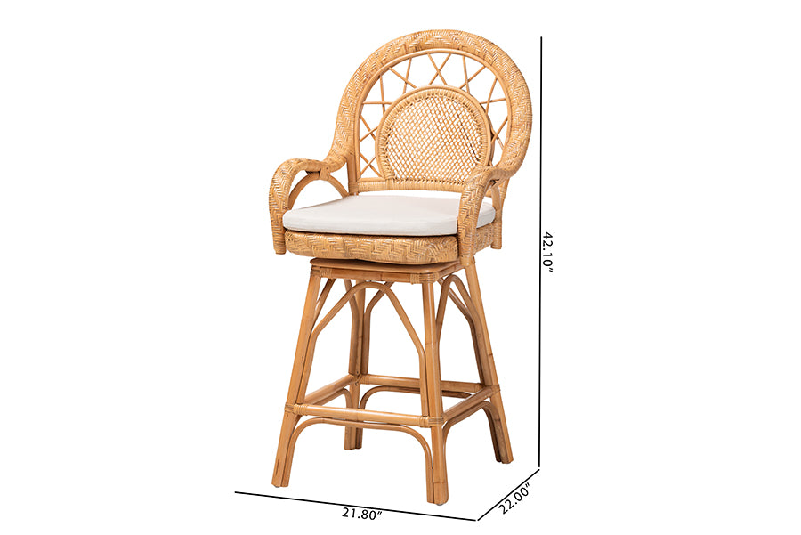 bali & pari Adam Natural Rattan Counter Stool with Cushion - Handwoven Wicker Swivel Bar Chair for Kitchen Island or Lounge Area