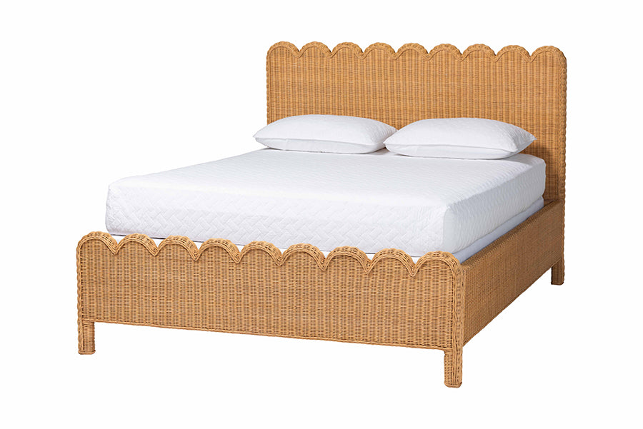 Bali & Pari Maritza Queen Scalloped Rattan Bed Frame – Handwoven Headboard & Footboard, Coastal Boho Bedroom Furniture FredCo