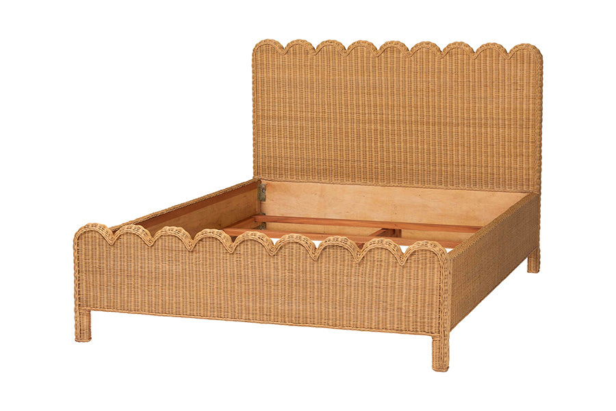 Bali & Pari Maritza King Scalloped Rattan Bed Frame – Handwoven Headboard & Footboard, Coastal Boho Bedroom Furniture FredCo