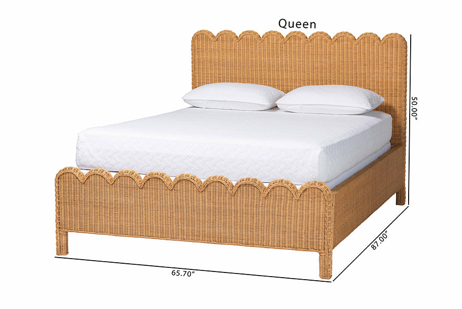 Bali & Pari Maritza Queen Scalloped Rattan Bed Frame – Handwoven Headboard & Footboard, Coastal Boho Bedroom Furniture FredCo