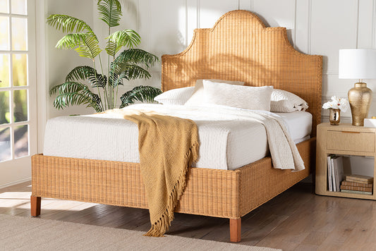 bali & pari Melanie Natural Rattan Bed - Coastal Boho Bed Frame with Scalloped Headboard, Queen