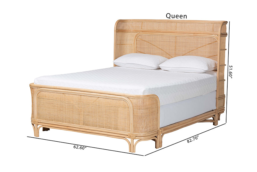Bali & Pari Fiore Queen Natural Rattan Bed Frame – Handwoven Curved Corner Headboard & Footboard, Boho Coastal Style FredCo