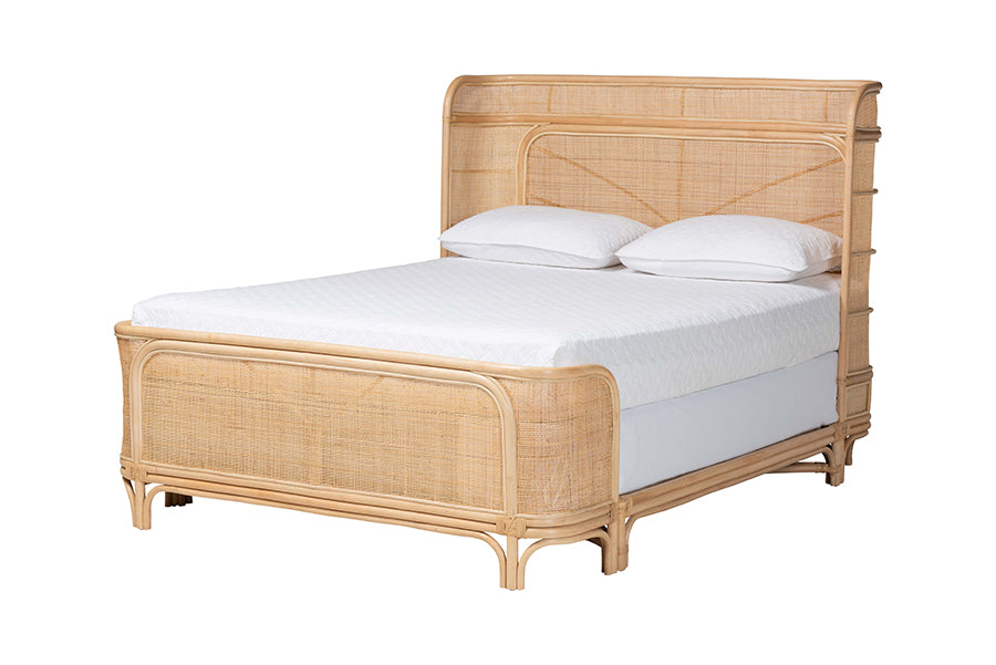 Bali & Pari Fiore Queen Natural Rattan Bed Frame – Handwoven Curved Corner Headboard & Footboard, Boho Coastal Style FredCo