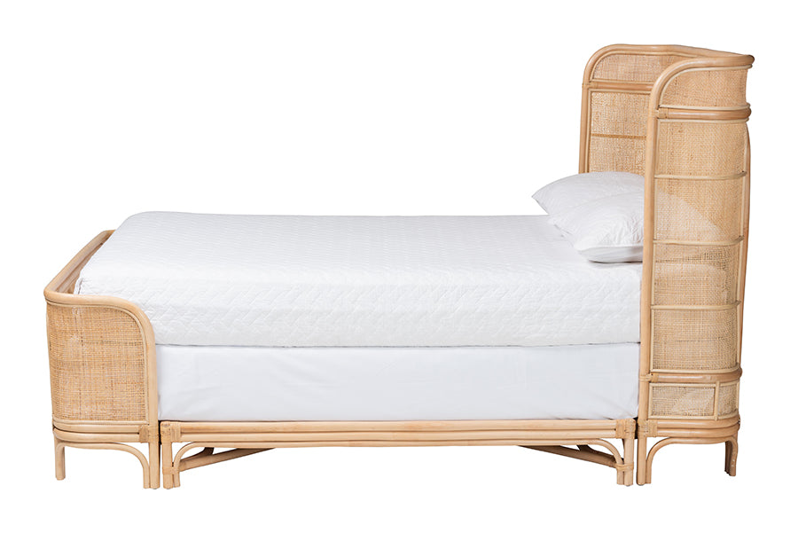 Bali & Pari Fiore Queen Natural Rattan Bed Frame – Handwoven Curved Corner Headboard & Footboard, Boho Coastal Style FredCo