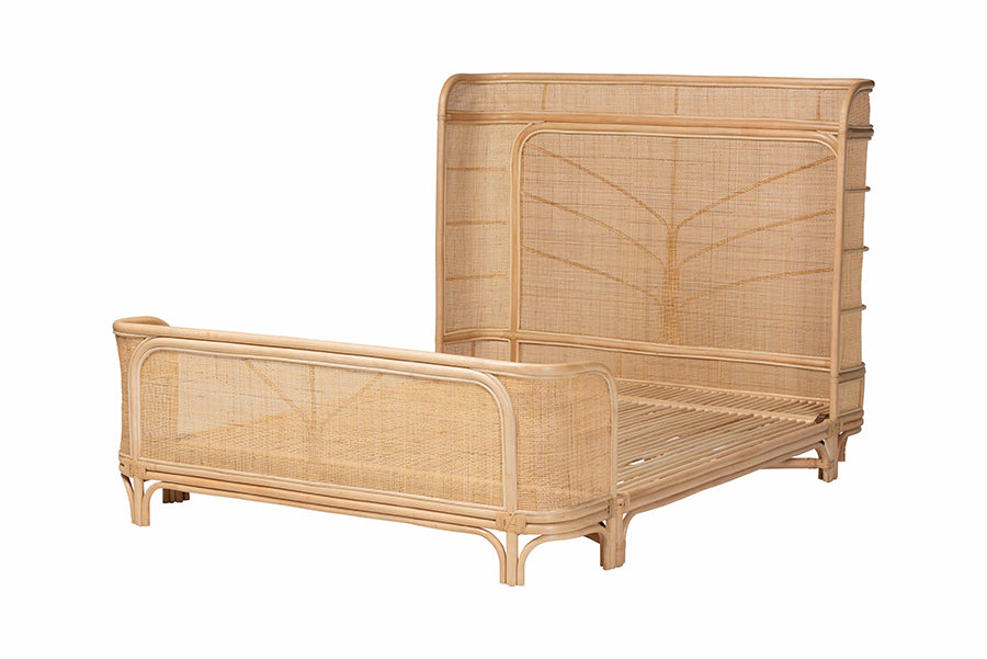 Bali & Pari Fiore Queen Natural Rattan Bed Frame – Handwoven Curved Corner Headboard & Footboard, Boho Coastal Style FredCo